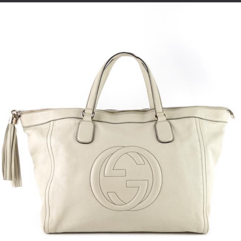 Gucci Top Handle Bag Soho Working Large Tassels White Leather Tote